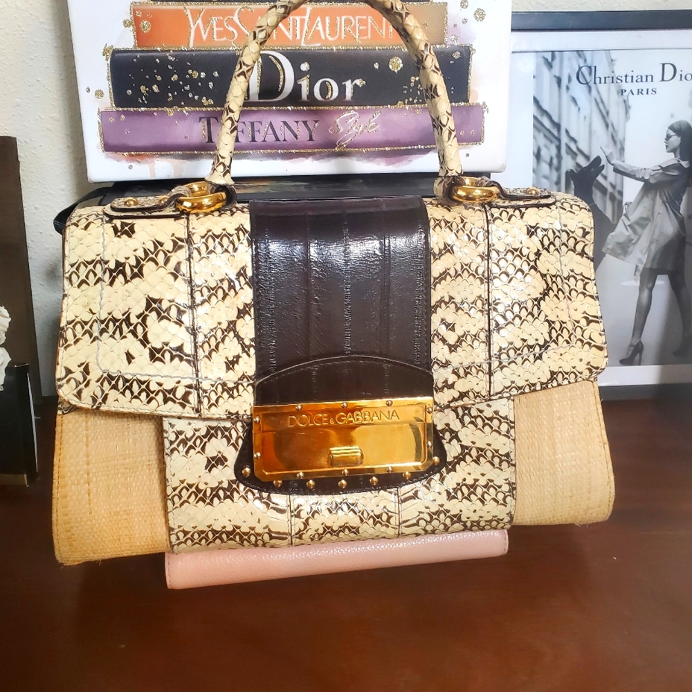 DOLCE & GABBANA YELLOW SNAKESKIN LEATHER/BEIGE RAFFIA SHOULDER BAG